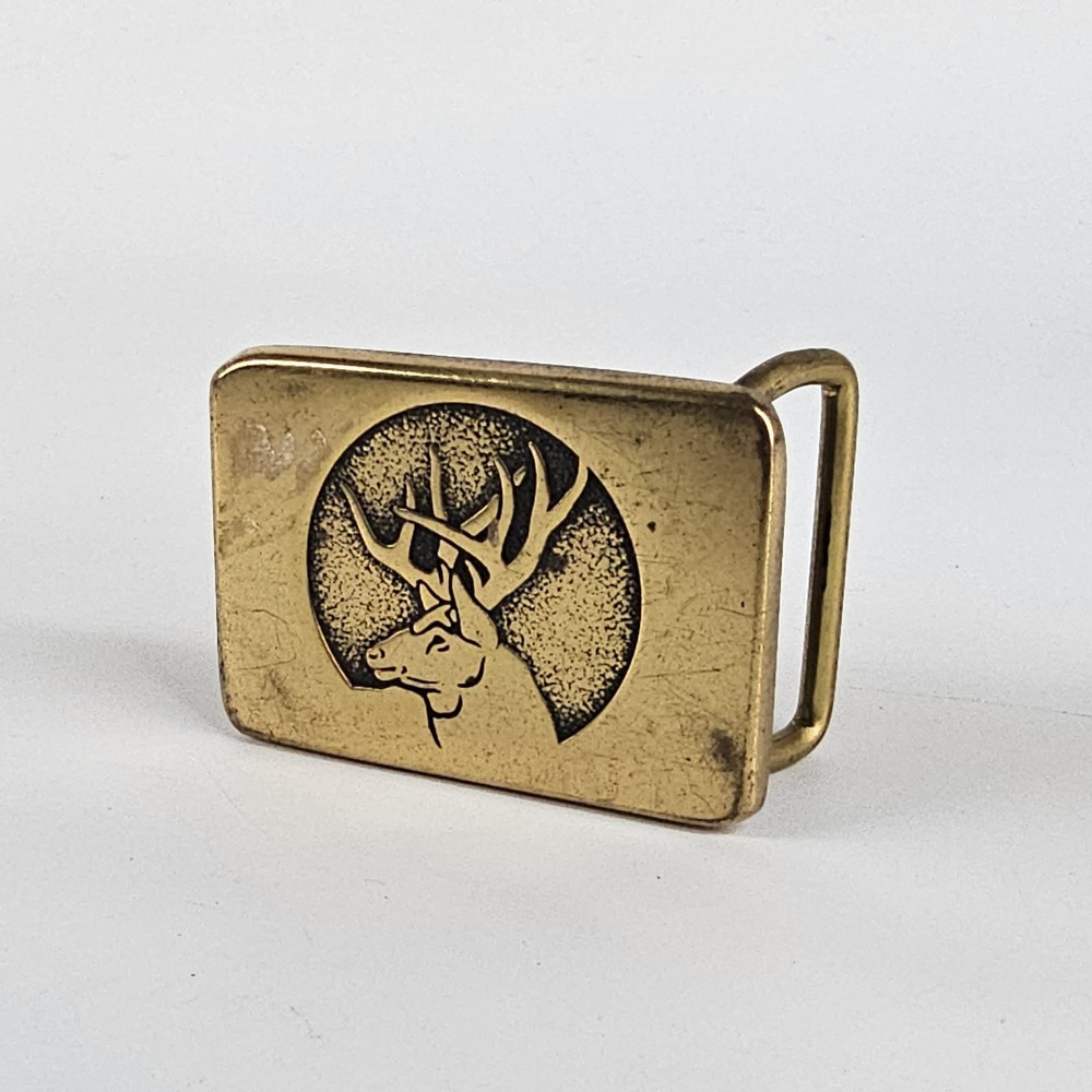 Vintage 80's Elk BIS Solid Brass Belt Buckle Mens Made In USA